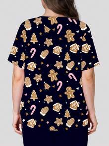 PopScrub Plus Size Women's Christmas Nurse/Doctor Uniform Top,Summer Workwear,Black V-Neck Short Sleeve Gingerbread Man Tree Print Multi-Pocket Functional Wear - Black - View 2