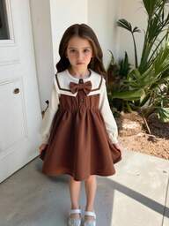 SHEIN Elladie kids Genç Kız ve Genç Kız Uzun Kollu Papyon Bel Rahat A Kesim Elbise Sonbahar ve Kış İçin, Günlük Giyim, Günlük Durumlar İçin Uygundur ve Çeşitli Montlar, Ceketlerle Eşleştirilebilir