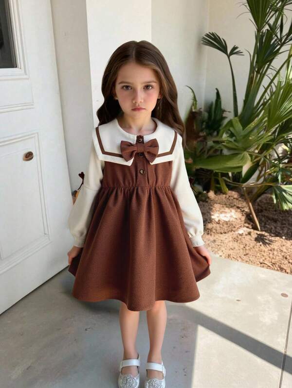 SHEIN Elladie kids Young Girl Long Sleeve Bow-Tie Waist Casual A-Line Dress,White,Autumn,Princess,7th Birthday,Back-To-School,Fall & Winter Everyday Wear Dress
