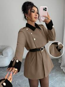 Elenzga 女士优雅奢华时尚厚外套，不含腰带 - 卡其色 - 查看 1