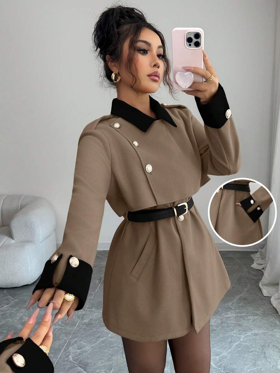 Elenzga 女士优雅奢华时尚厚外套，不含腰带 - 卡其色 - 查看 1