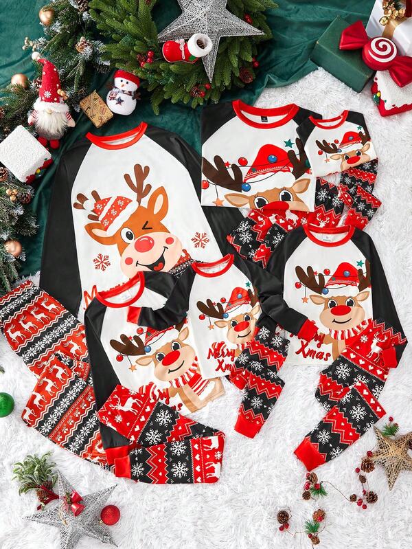 SHEIN Conjunto de pijama de dos piezas con parte superior estampada y mallas para niño preadolescente de otoño/invierno, perfecto para Navidad, atuendos de Navidad para padres e hijos, atuendos de hermana y hermano, fiestas de Año Nuevo, fiestas familiares de Navidad y reuniones familiares