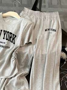 Resyla 2 件套女士字母印花圆领短袖上衣和松紧腰裤休闲套装 - 灰色 - 查看 3