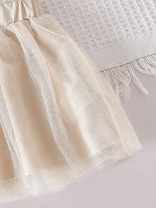 SHEIN Playful Pals 2 件套女婴蝴蝶装饰圆领长袖上衣和网纱裙套装，优雅可爱，适合秋冬季