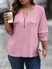 EMERY ROSE قميص تي شيرت فضفاض نصف سحاب كاجوال مقاس كبير - وردي المرجاني - مشاهدة 3