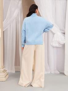 VOLUPTÉ CURVE Plus Size Autumn Blue Knit High Neck Long-Sleeve Side Slit Baby Wool Blend Crystal Star Embellished Mid-Length Elegant Pullover Sweater For Party - Blue - View 2