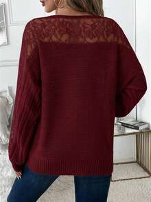 SHEIN Clasi Women's Lace Trim Patchwork Pullover Sweater/Winter - Burgundy - View 2