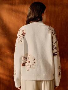Anewsta Elegant Floral Embellished Pullover Sweater, Romantic & Chic For Commuting - Apricot - View 2