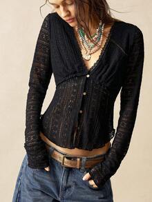 Bohemela BOHO Casual Solid Color Knit Lace Long Sleeve V-Neck Fitted Women Top Lace Cardigan Cowboy Western - Black - View 5