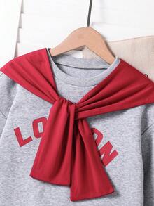 SHEIN Tween Girl Letter Print Long Sleeve Shawl Collar Sweatshirt And Pleated Mini Skirt Casual 2-Piece Set, Autumn - Multicolor - View 4