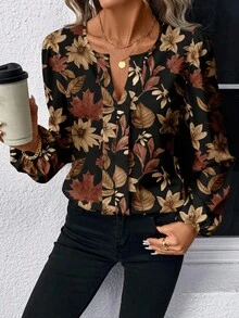 EMERY ROSE Casual Leaf Pattern Minimalist Women Shirt, Suitable For Spring And Autumn New Year Party - Multicolor - View 4