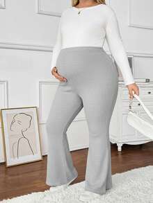 SHEIN Quần ống loe cạp cao có thể điều chỉnh màu trơn dành cho phụ nữ mang thai cỡ lớn, lót nhiệt - Xám - Xem 4