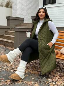 SHEIN EZwear Chaqueta larga holgada con cordón ajustable en la cintura, engrosada para otoño/invierno, talla grande - Verde militar - Ver 4