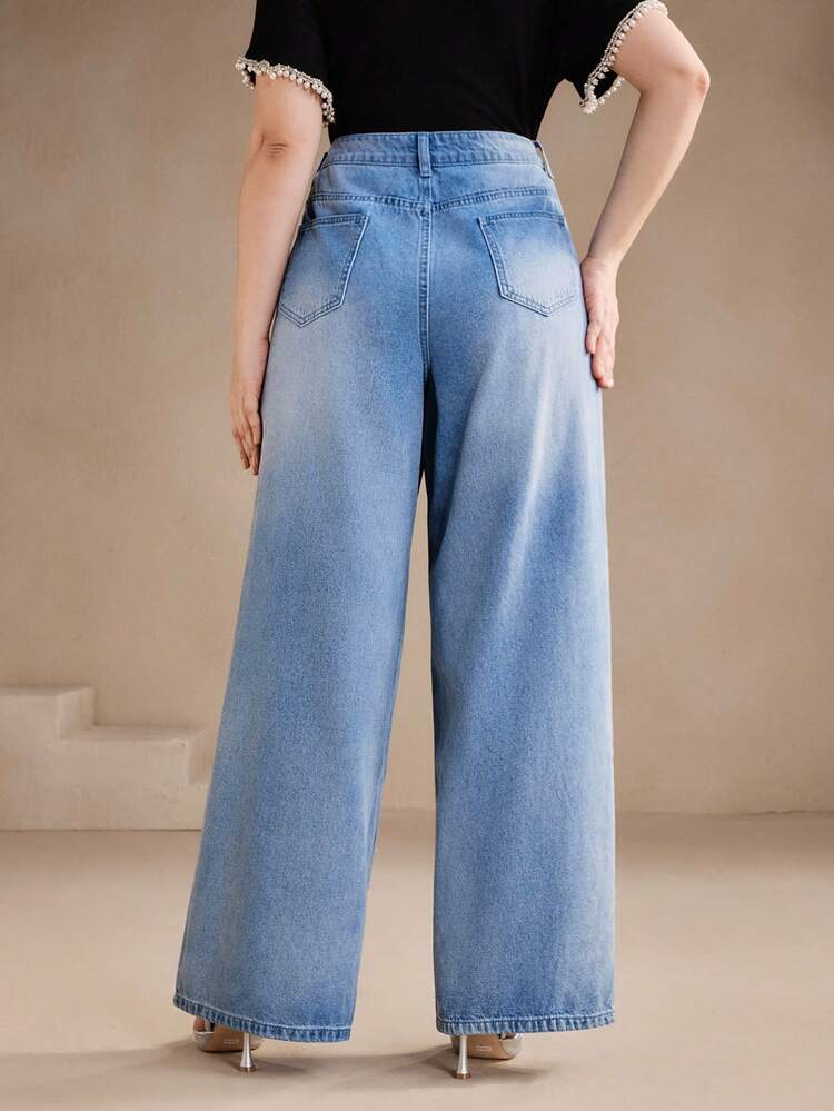 ストリートファッション 刺繍 パール付き ブルー ストレートレッグ レディースジーンズ