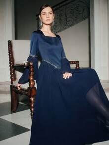 Anewsta Women's New Long Sleeve Flare Sleeve Long A-Line Pleated Dress, Elegant Beaded Collar Chiffon Dress, Navy Blue & Dark Blue - Royal Blue - View 7