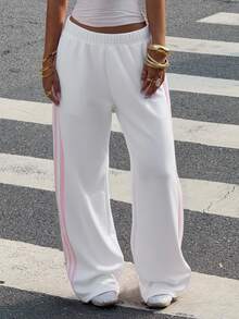 Muchica Women's White Striped Knitted Sweatpants Extra Long Straight Leg Pink Side Stripe Loose Fit Casual Track Pants For Everyday Wear White Beach Pants White Wide Leg Pants Women Wide Pants Wide Leg Summer Pants Palazzo Pants Women White Track Pants Women - White - View 4
