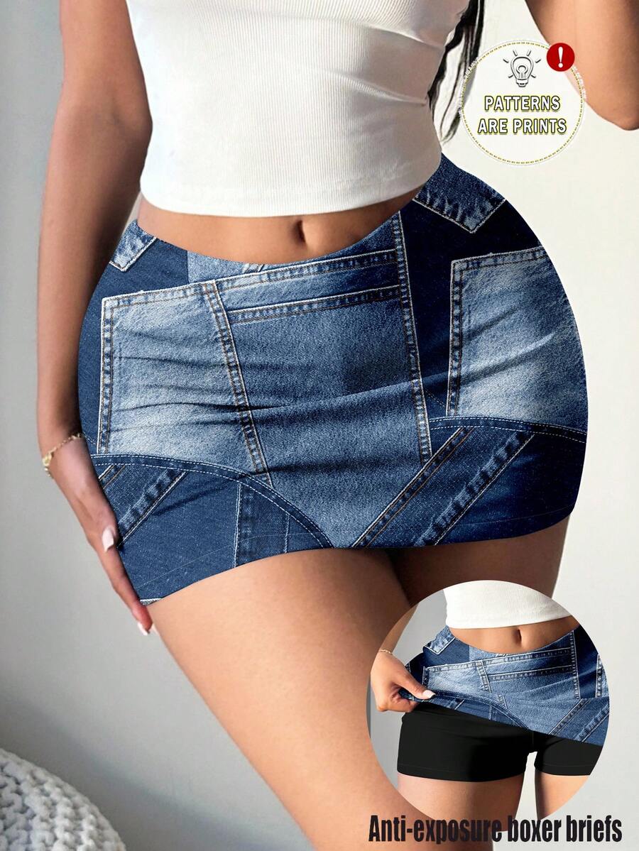SHEIN SXY 女士休闲性感低腰紧身迷你裙，百搭 - 彩色 - 查看 1