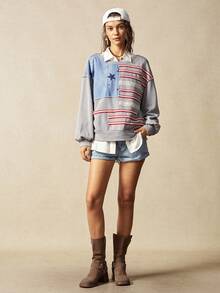 Bohemela Sudadera holgada de manga larga con cuello redondo, de punto y en bloque de color, para mujer - Gris - Ver 7