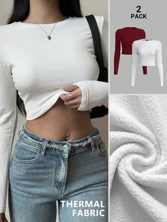 SHEIN BASICS 两件装纯色针织圆领长袖修身短款T恤，女士款，升级保暖面料，带保暖内衬但不臃肿，基础款弹力百搭秋冬女装上衣