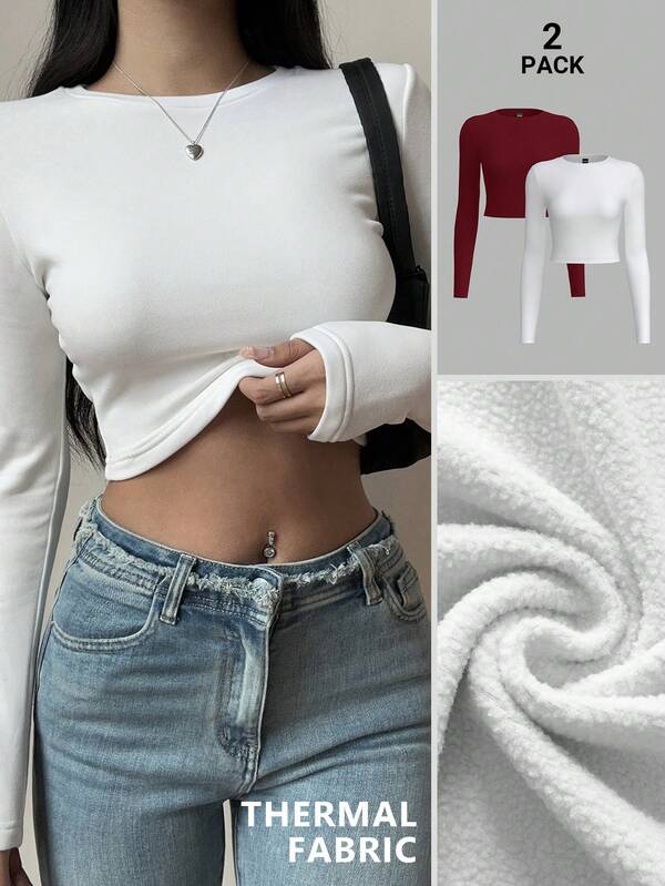 SHEIN BASICS 2pcs Plain Knitted Crew Neck Long Sleeve Slim Cropped T-Shirt For Women,Upgraded Warm Fabric, Thermal Lined Without Being Bulky, Basic Elastic Versatile Fall And Winter Women's Top