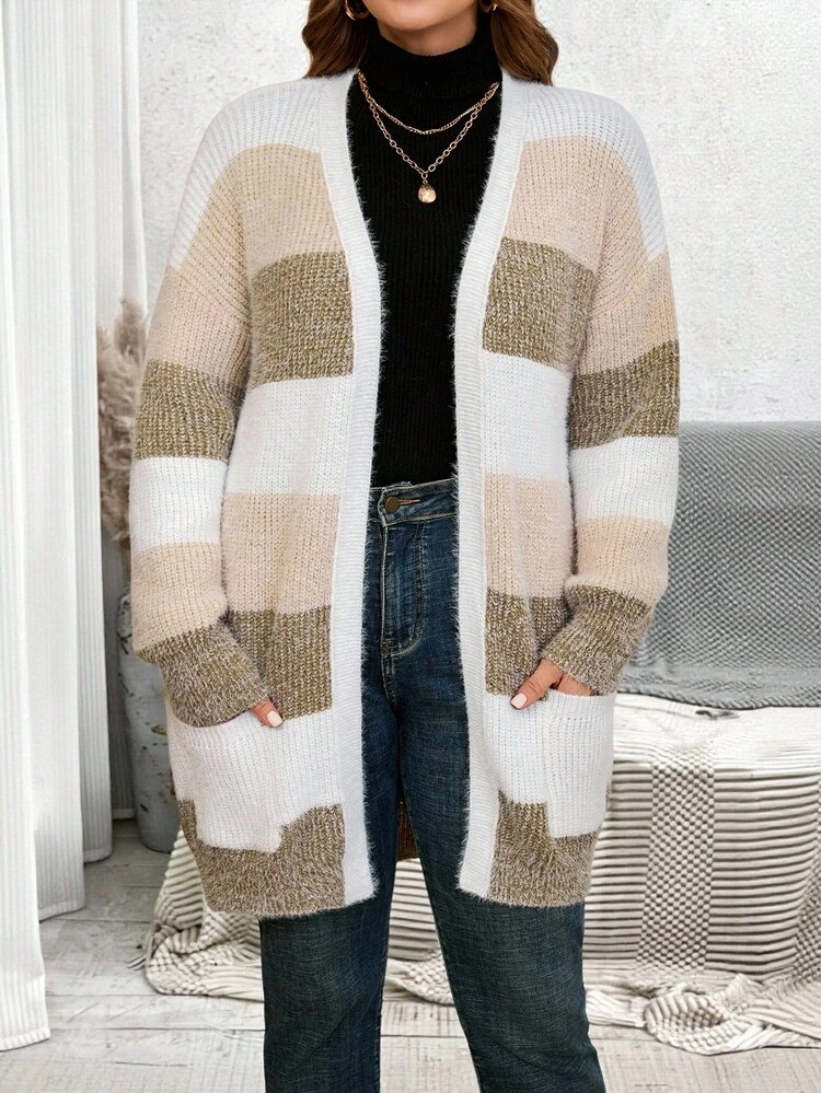 Plus Size Simple Striped Contrast Color Cardigan Color Block Cardigan Striped Cardigan Long Cardigan,Autumn/Winter,2025 New
