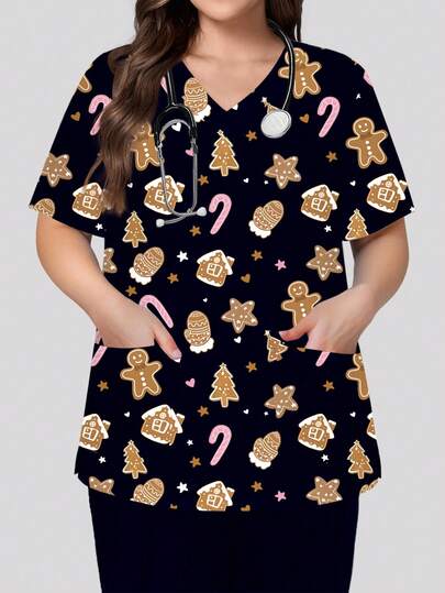 PopScrub Plus Size Women's Christmas Black V-Neck Short Sleeve Double Pocket Side Slit Cute Gingerbread Man, Figurine, Gingerbread House, Star, Candy Cane, Glove, Windmill, Santa Hat, Christmas Tree Cartoon Print Nurse/Doctor Uniform Top, Multi-Pocket Functional Work Wear