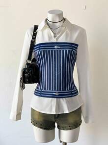 Flirla Denim Effect Print Patchwork Sexy Shirt - Multicolor - View 1