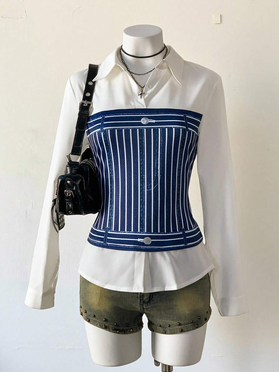 Flirla Denim Effect Print Patchwork Sexy Shirt - Multicolor - View 1