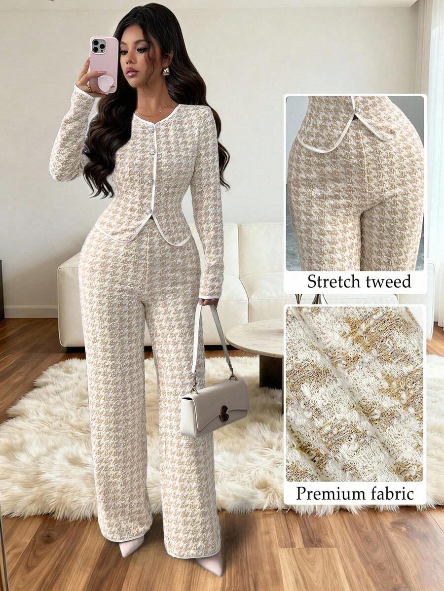Elenzga Women's Spring/Autumn Back To School New Set, Korean Style Houndstooth & Golden Thread Jacquard Patchwork, Fashionable & Elegant Casual Long Sleeve T-Shirt And Straight Leg Pants 2 Pieces Outfit