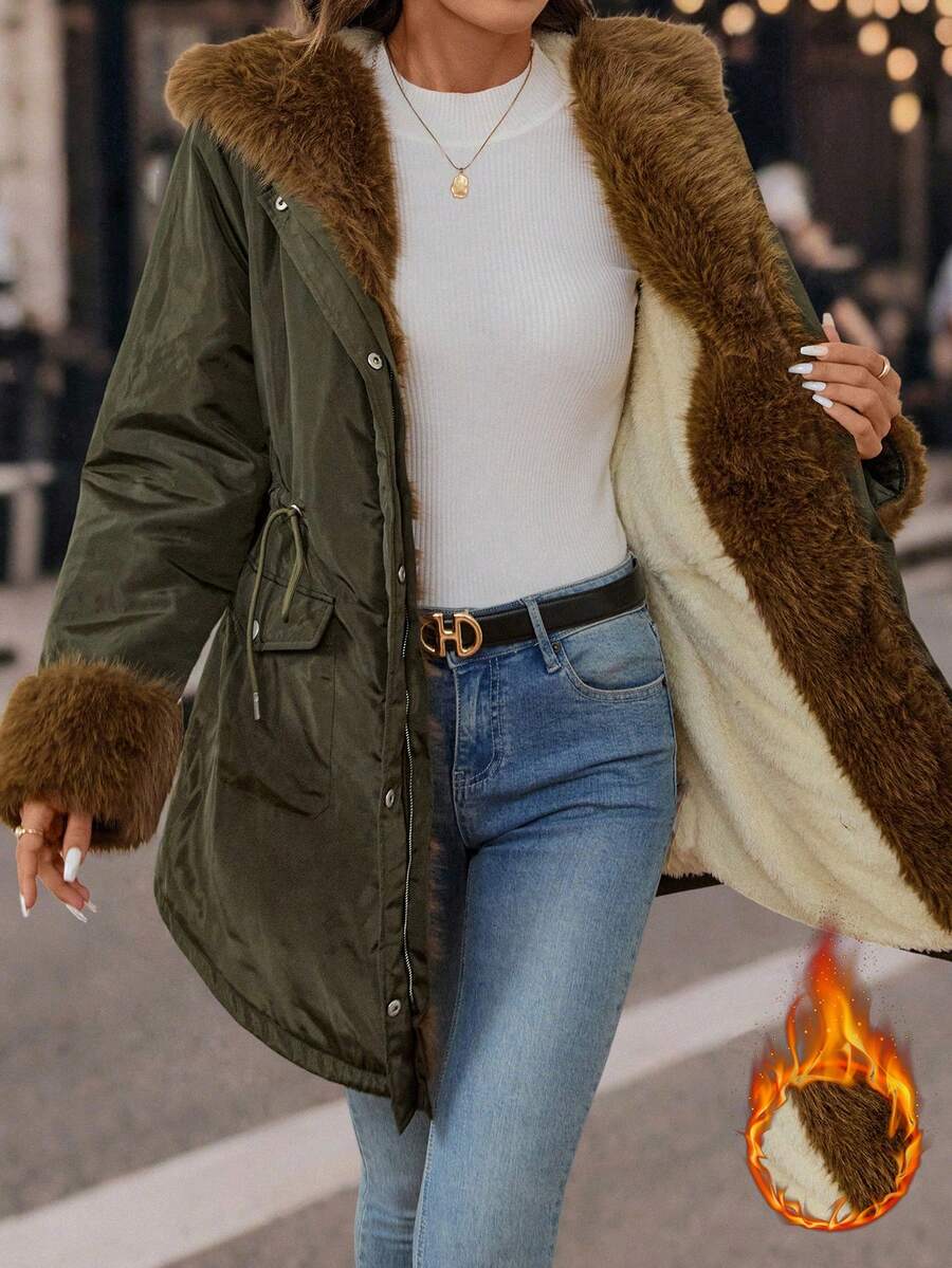 Editum 女士优雅装饰仿毛领长袖抓绒外套，冬季加厚，特大号毛领，圣诞节冬季舒适保暖，适合秋冬季节、新年、感恩节等优雅场合穿着 - 墨綠色 - 查看 1