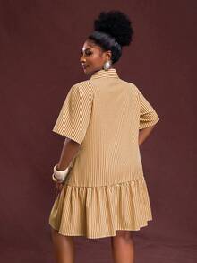 Slaydiva Damen Lässig Gestreiftes Kurzkleid in Große Größen - Gelb - Übersicht 2