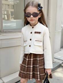 Elladie kids 2pcs/Set Tween Girl Autumn/Winter 2025 Outfit, Round Neck Fabric Open Front Faux Pocket Decor Jacket, Plaid Pleated Mini Skirt, Collegiate Style Minimalist Elegant Vintage Suit - Multicolor - View 4