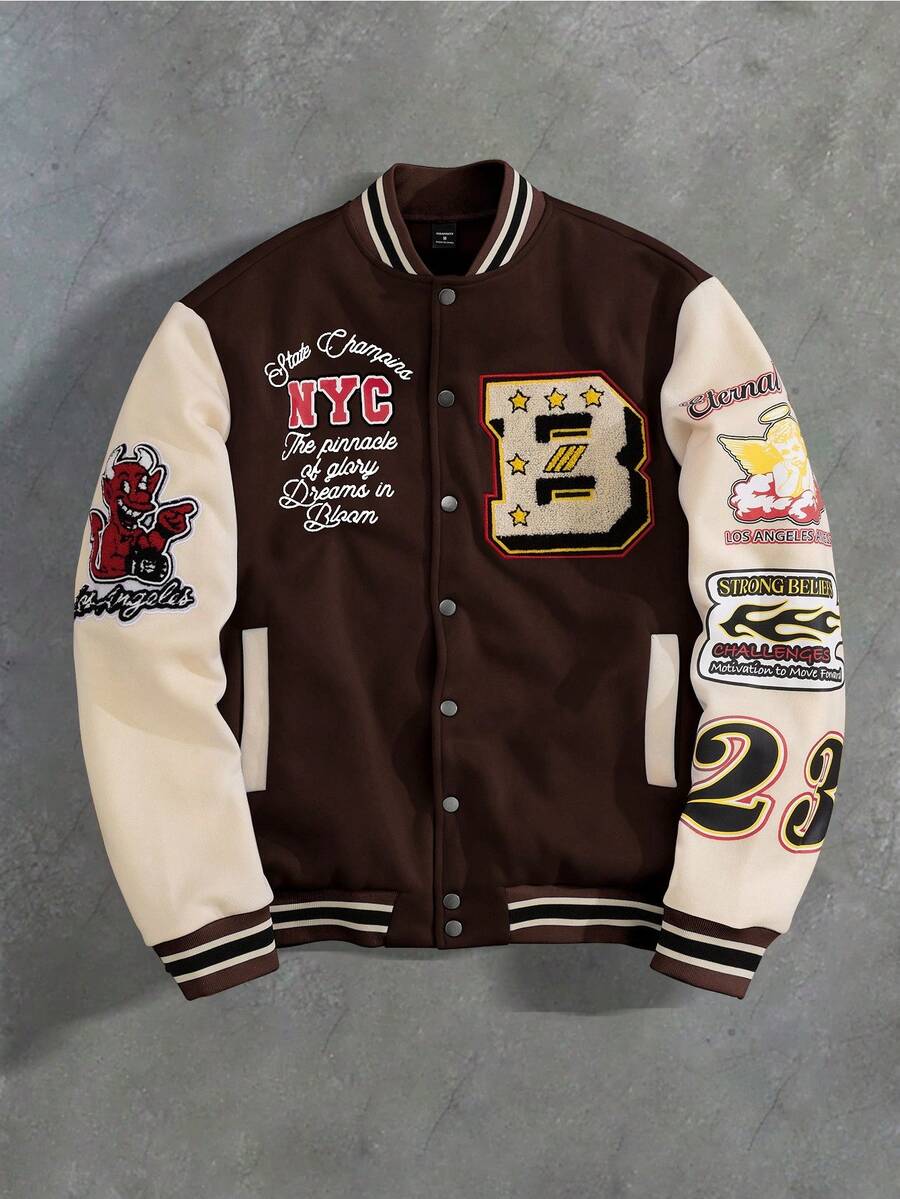 PAVTROS Men's Colorblock Graffiti Style Long Sleeve Baseball Jacket Men Letter Patch Jackets For Cartoon Varsity Letterman Winter - Multicolor - View 1