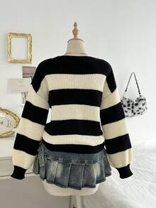 Elamini Women's Casual Loose Striped V-Neck Drop Shoulder Long Sleeve Sweater, Autumn/Winter - Multicolor - View 2