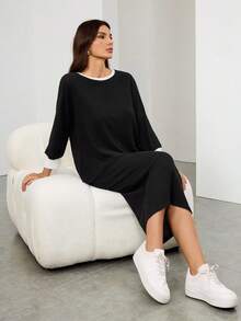 SHEIN Tall 2pcs/Set Women Casual Batwing Sleeve Ribbed Contrast Binding T-Shirt And Drawstring Waist Pencil Skirt, Spring/Autumn, Tall Women - Black - View 7