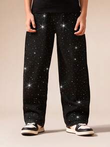 SUMWON Galaxy Print Wide Leg Denim Jeans With Starry Pattern For Casual Streetwear Everyday Wear - Black - View 1
