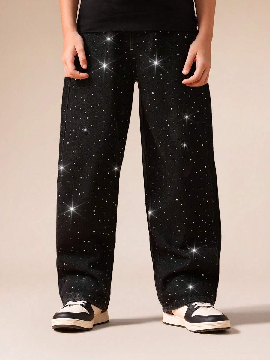 SUMWON Galaxy Print Wide Leg Denim Jeans With Starry Pattern For Casual Streetwear Everyday Wear - Black - View 1