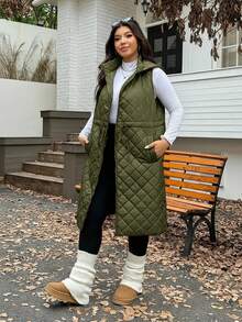 SHEIN EZwear Chaqueta larga holgada con cordón ajustable en la cintura, engrosada para otoño/invierno, talla grande - Verde militar - Ver 5