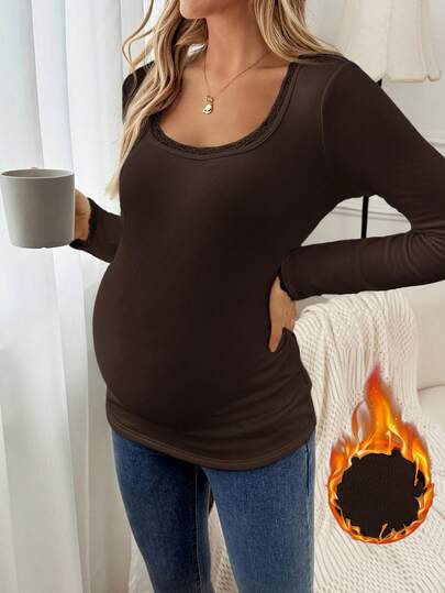 SHEIN Maternity Casual Solid Color Fleece Crew Neck Long Sleeve T-Shirt, Autumn/Winter