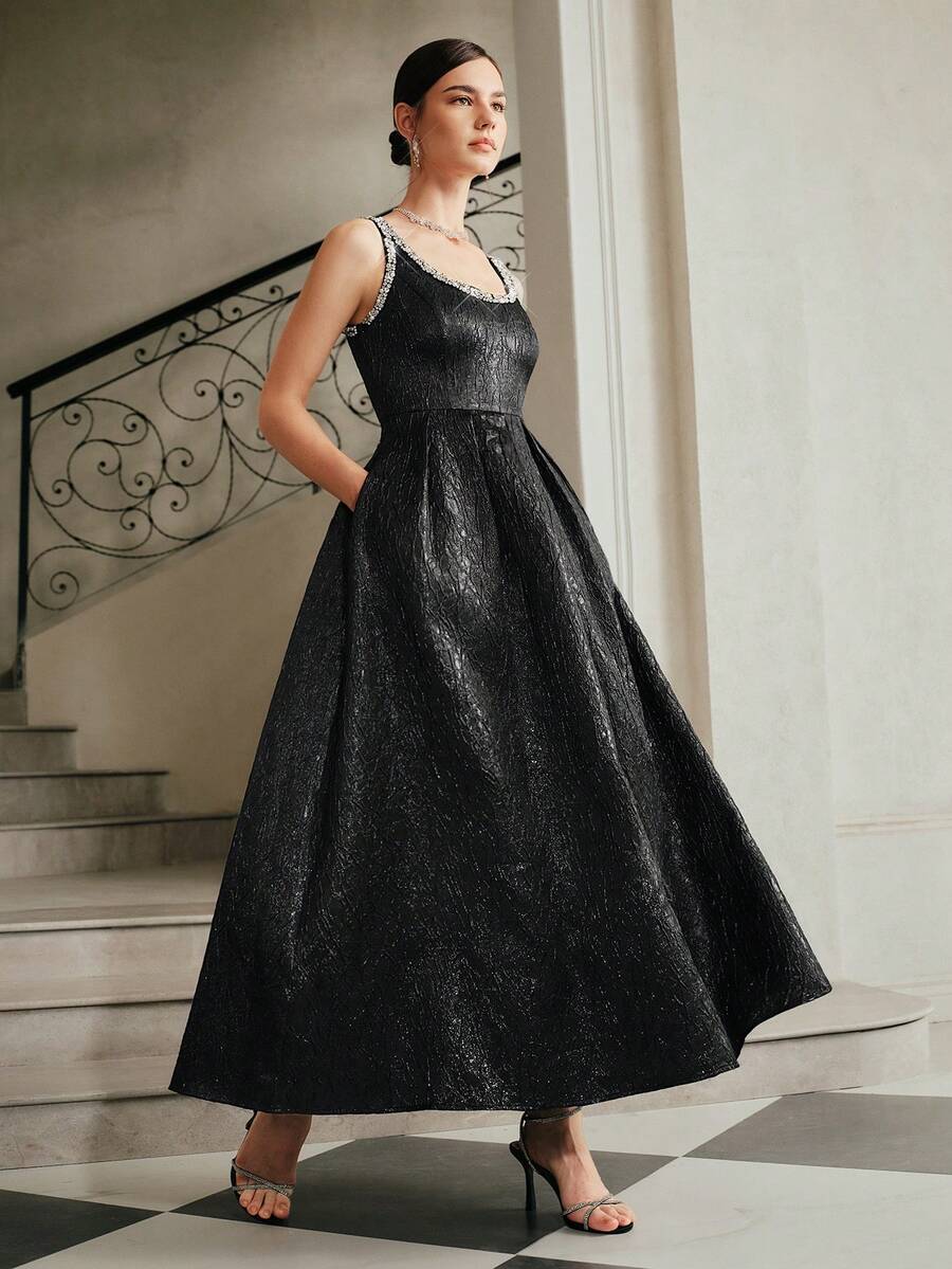 Anewsta Party & Banquet Pearl & Rhinestone Decor Textured Sleeveless Backless A-Line Dress For Women