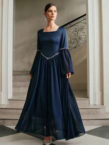 Anewsta Women's New Long Sleeve Flare Sleeve Long A-Line Pleated Dress, Elegant Beaded Collar Chiffon Dress, Navy Blue & Dark Blue - Royal Blue - View 4