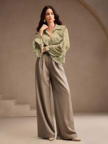 Anewsta 圣诞法式蕾丝荷叶边珍珠点缀灯笼袖雪纺衬衫，米色/象牙色女式衬衫，适合秋季、冬季、新年等场合，优雅别致，时尚有型，适合圣诞节、外出等场合，是女士冬季服装的理想之选。 - 綠色 - 查看 7