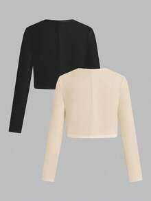 SHEIN EZwear 2pcs Black & Beige Short Sleeve Plus Size Jacket Set Autumn Winter Clothes For Women - Multicolor - View 2