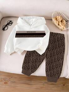 SHEIN 1 套男婴休闲时尚字母印花连帽运动衫和字母全印花运动裤套装，舒适日常穿着，秋冬 - 彩色 - 查看 1