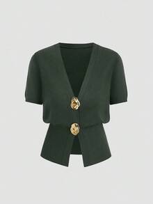 Sweetra 全新勃艮第红金属纽扣 V 领束腰都市时尚休闲针织短袖开衫 - 軍綠色 - 查看 1