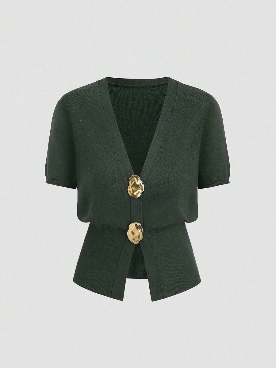 Sweetra 全新勃艮第红金属纽扣 V 领束腰都市时尚休闲针织短袖开衫 - 軍綠色 - 查看 1
