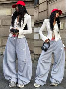 Coolane Women's & Men's Winter Preppy Festival Couple Same Style Vintage Sportswear Embroidered Graphics Plaid Corta Vento Textured Knit Baggy Wide Leg Sweatpants Parachute Scimitar Pants