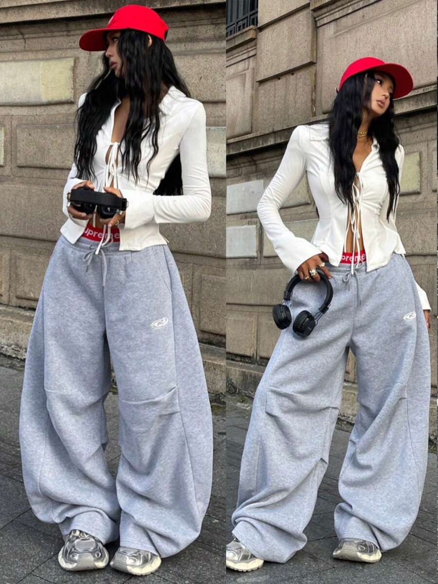 Coolane Women's & Men's Winter Preppy Festival Couple Same Style Vintage Sportswear Embroidered Graphics Plaid Corta Vento Textured Knit Baggy Wide Leg Sweatpants Parachute Scimitar Pants