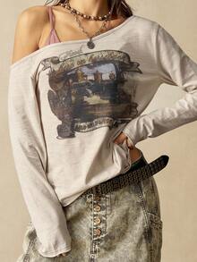 Bohemela 1 Áo thun dệt kim tay dài một bên vai màu trơn thường ngày cho nữ - Màu be - Xem 3