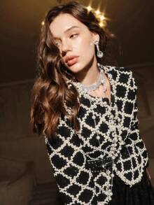 Anewsta Savoree 女士优雅手工珍珠装饰格子短外套，秋冬款 - 黑色 - 查看 7